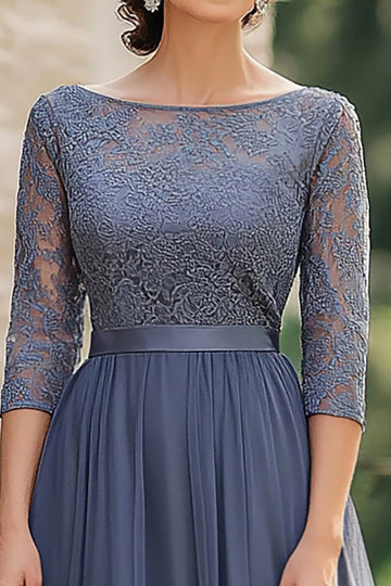 Dusty Blue Scoop Mousseline de soie dentelle demi-manches Mère de la mariée robe